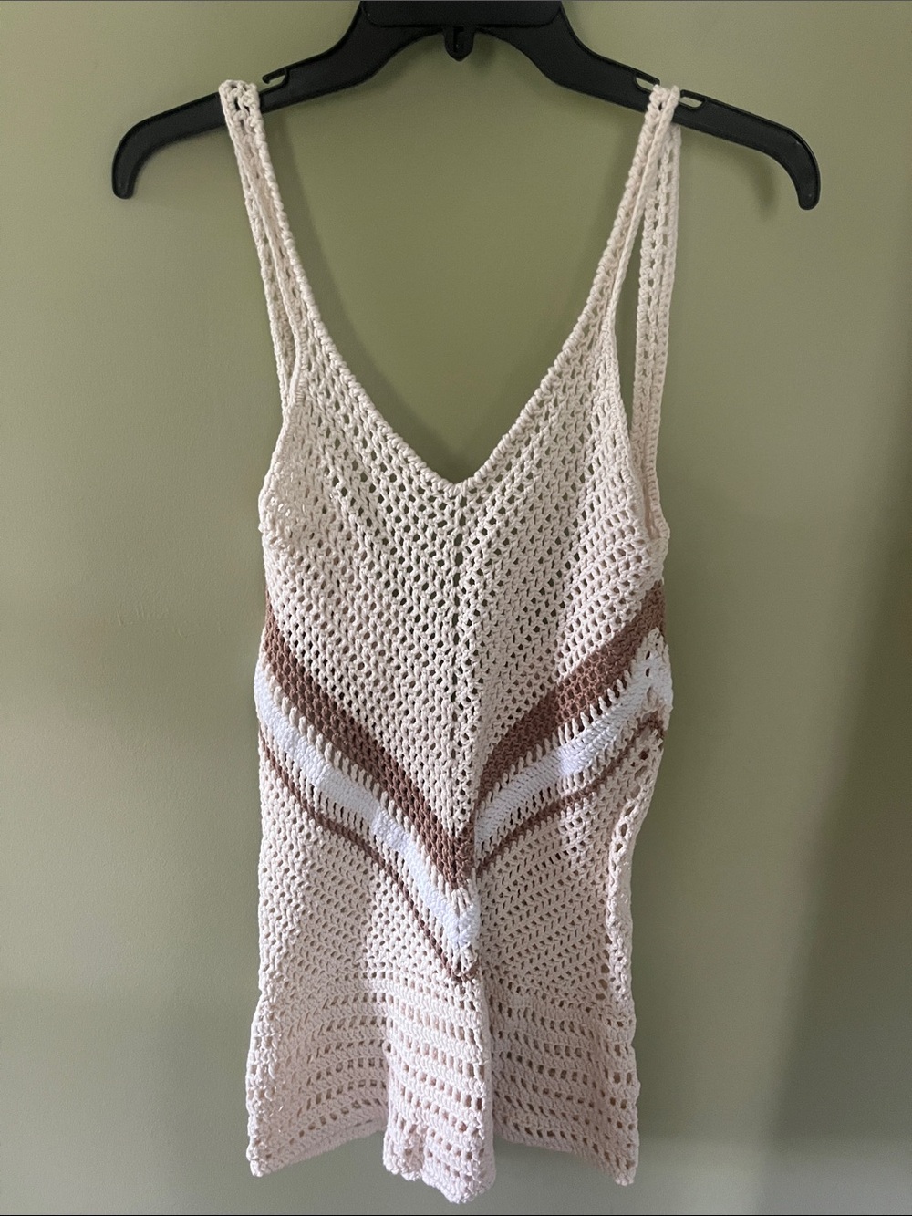 Handmade Crocheted Swim Coverup Dress in Cream w/ Brown & White Stripes. Size L.
